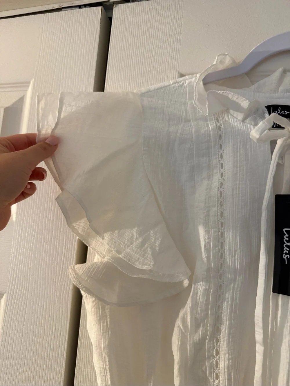 Lulus Tanaya White Flutter Sleeve Tiered Mini Dress size large white lace boho - Picture 6 of 15